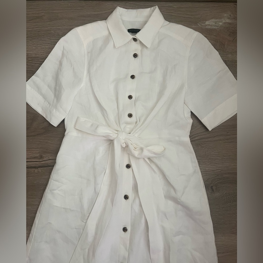 Women’s Ann Taylor White Button-Down Belted Linen Midi Dress - Picture 2 of 6